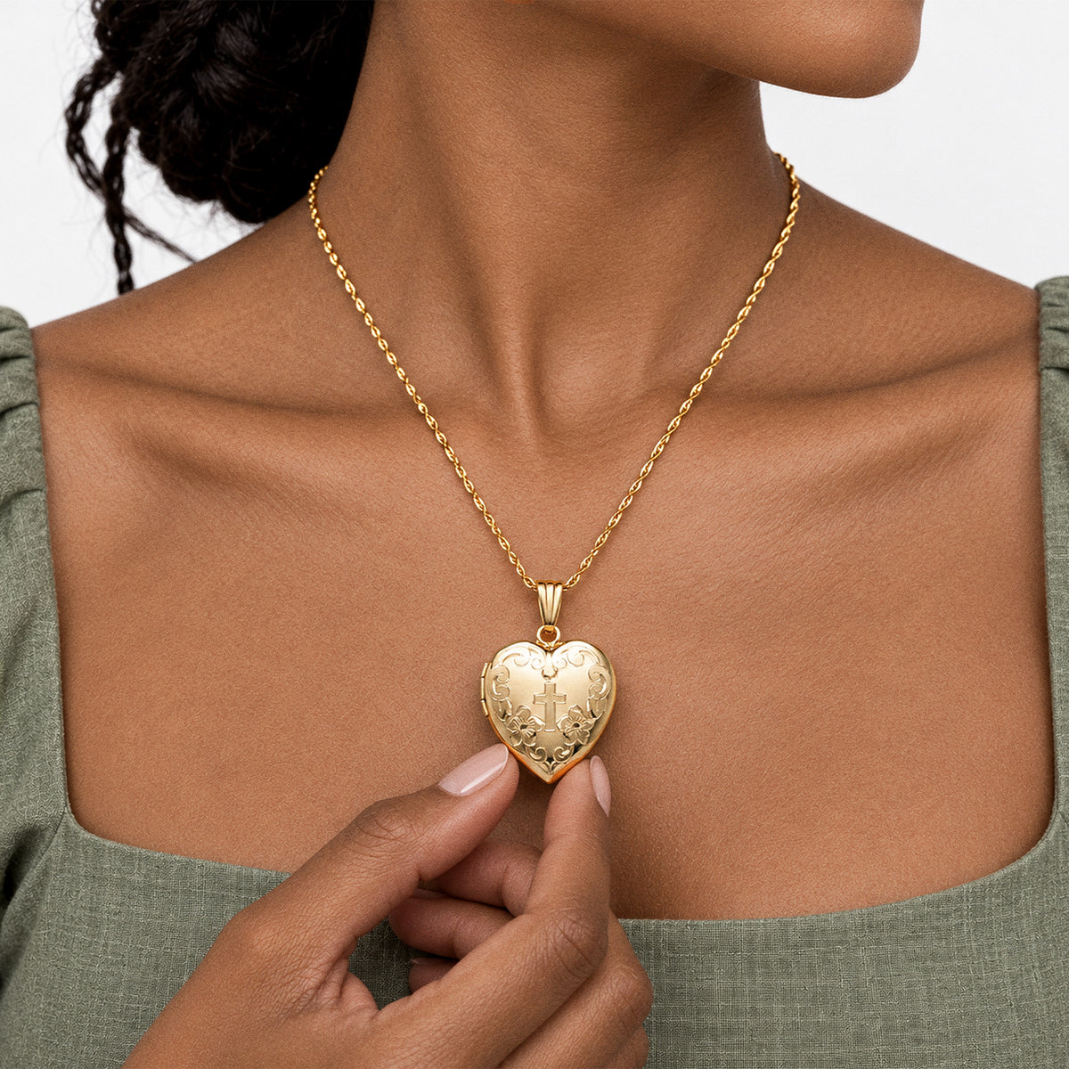 14K Gold Filled Cross Heart Photo Locket - on model