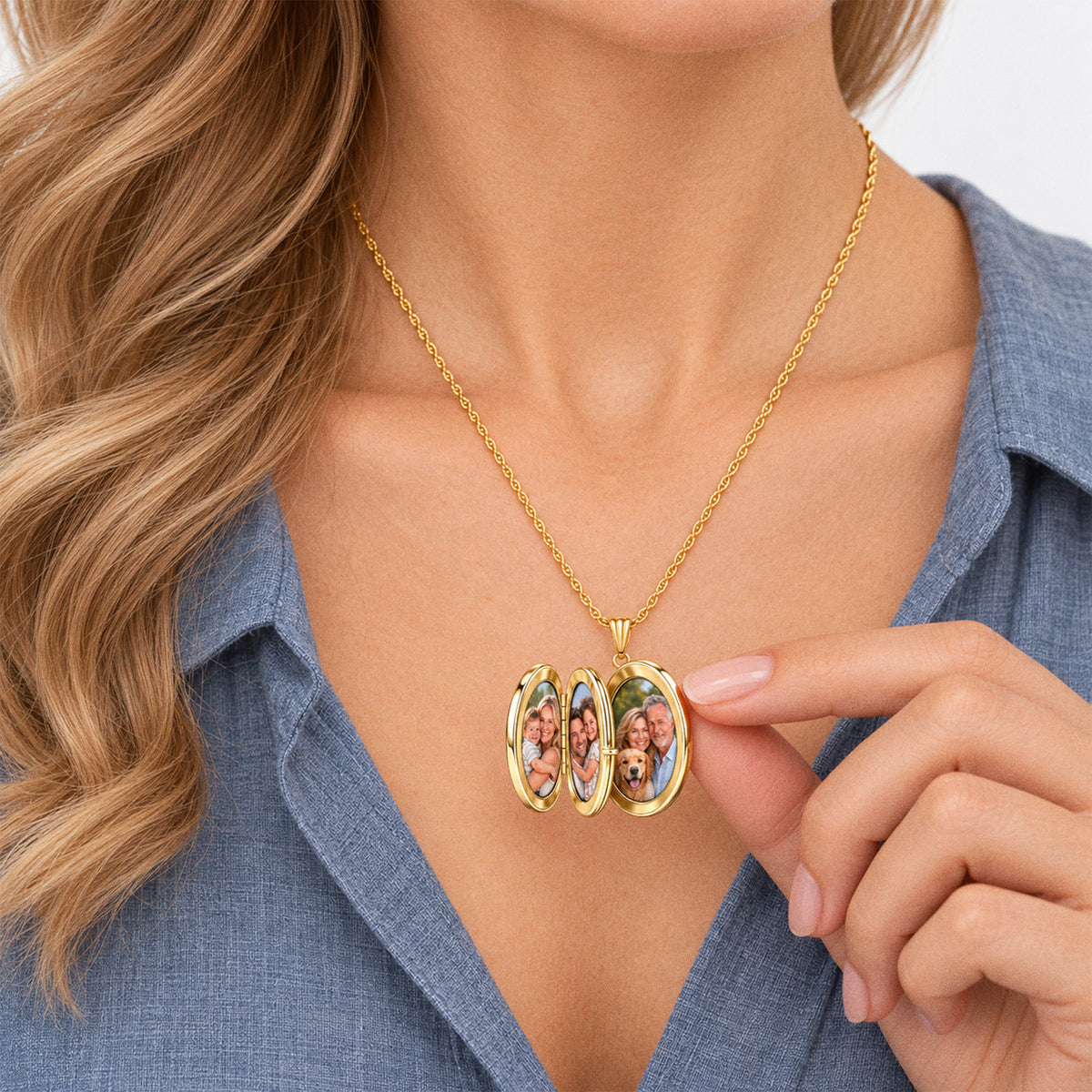 14K Gold Filled Oval 4 Photo Locket - on model