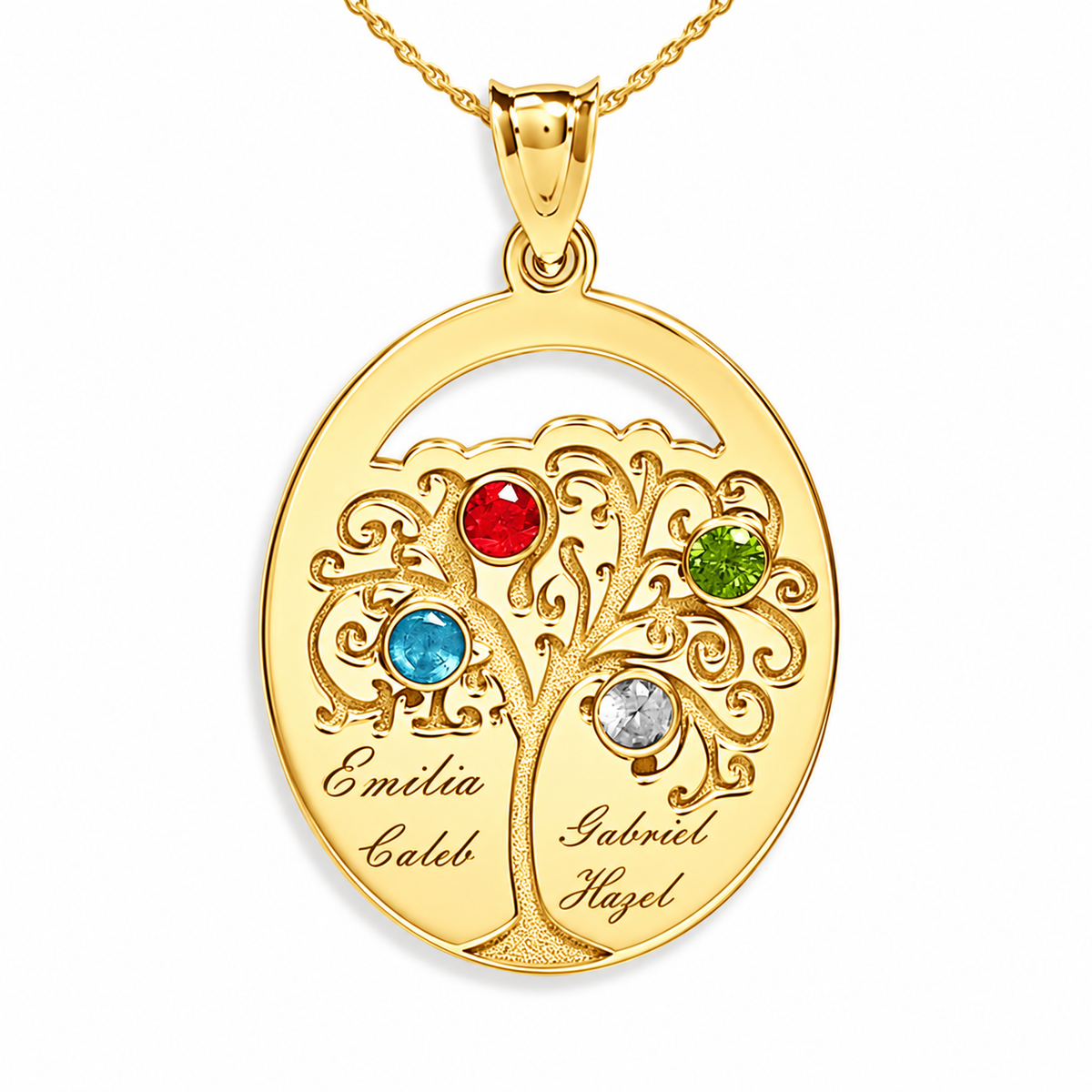 Personalized Family Tree Pendant with 4 Names and Birthstones- Includes 18 Inch Chain