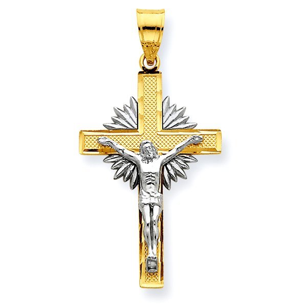 14K Two-Tone Gold Diamond-Cut Crucifix with Sunrays Pendant
