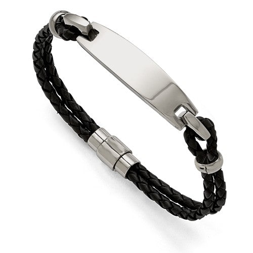 Custom Engraved Stainless Steel Men's Black Woven Leather ID Bracelet
