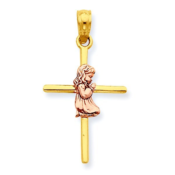 14K Two-Tone Praying Girl Cross Pendant