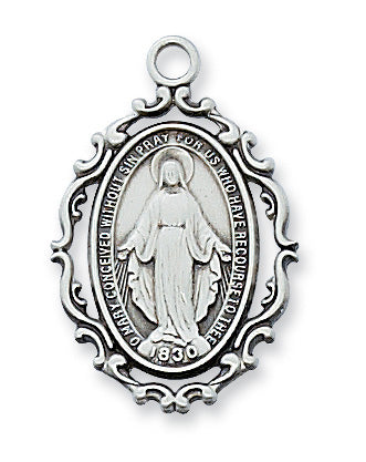 Pewter Fancy Frame Miraculous Medal with 18 inch Chain