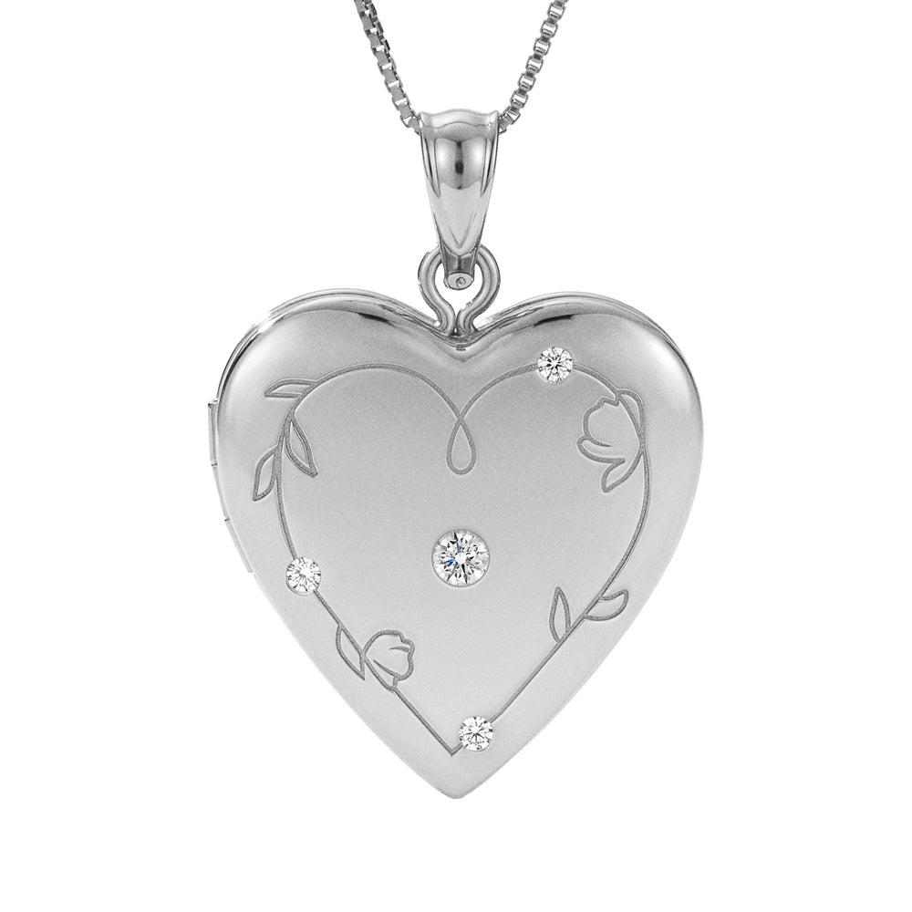 Floral Engraved Heart Locket with Diamond Accents