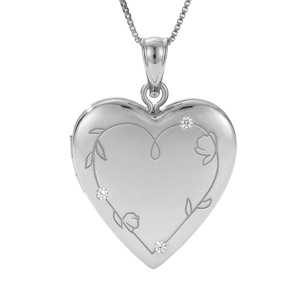 Floral Engraved Heart Locket With Diamond Accents
