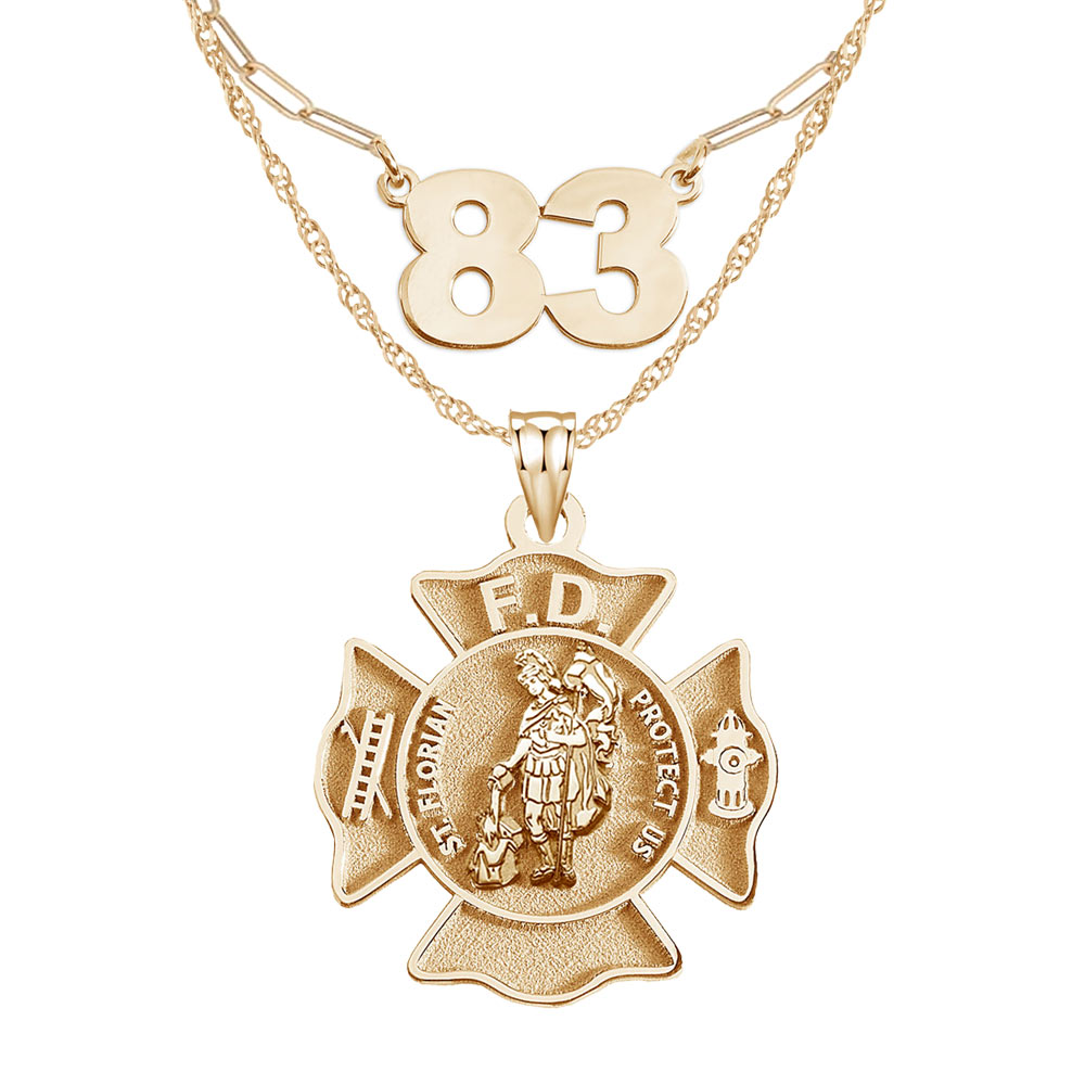 Customized Stackable Saint Florian Fire Badge and Number Woman's Necklaces