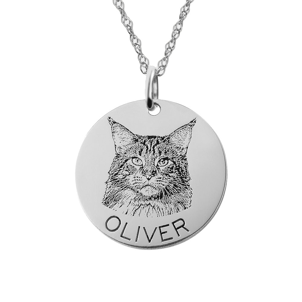 Antiqued Personalized Laser Etched Pet Portrait Pendant with Name