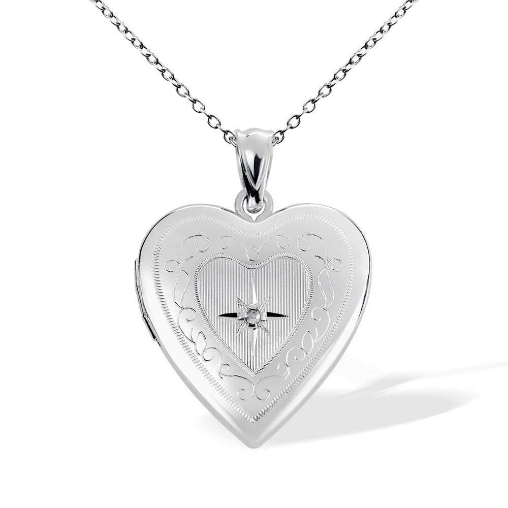 Floral Design Heart Locket With Cubic Zirconia