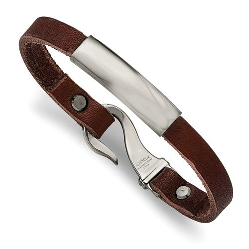 Custom Engraved Stainless Steel Men's Brown Leather ID Bracelet