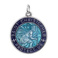 Sterling Silver Saint Christopher Religious Medal with Blue Enamel