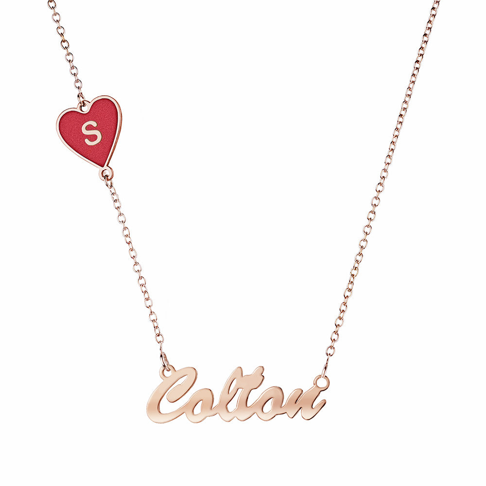 Script Name Necklace with Enamled Initial Heart Charm