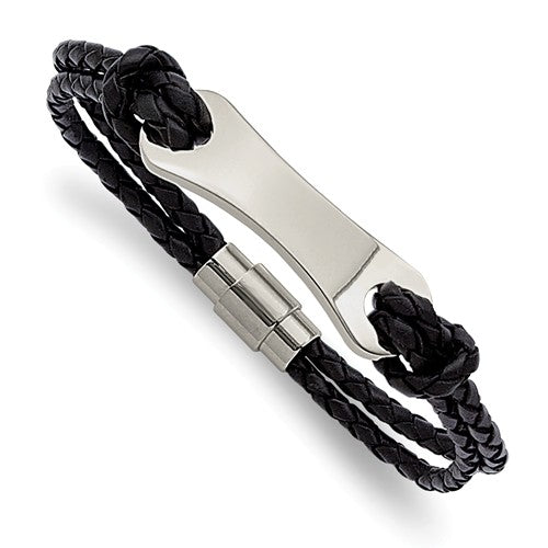 Custom Engraved Stainless Steel Men's Black Leather 8In ID Bracelet