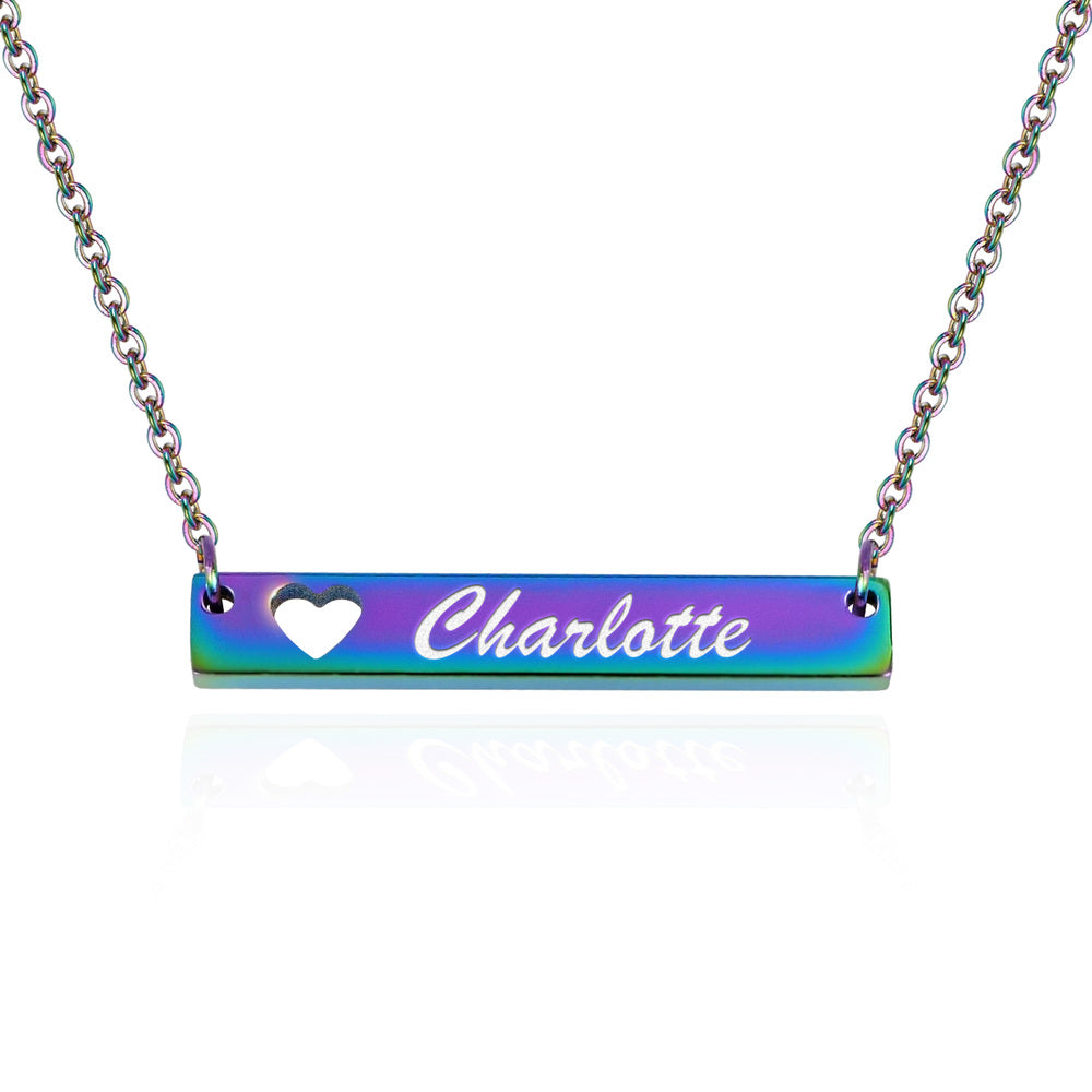 Iridescent Bar Name Necklace with Heart and 18 inch chain