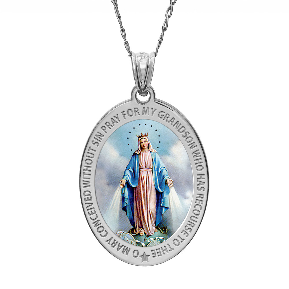 Pray for My Grandson Miraculous Medal Religious Color Oval Pendant