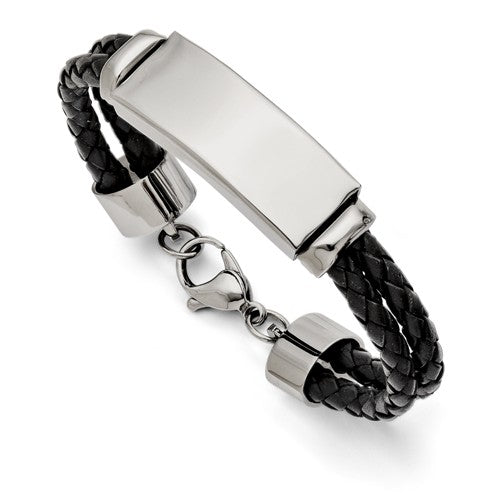 Custom Engraved Stainless Steel Men's Polished Leather ID Bracelet