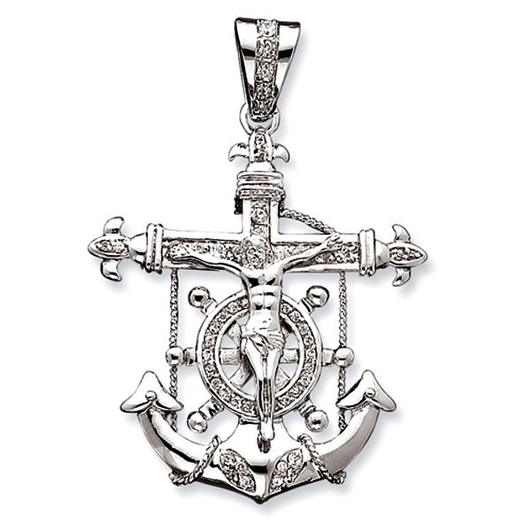 Sterling Silver Gold Mariner's Cross Pendant w/ Cubic Zirconias