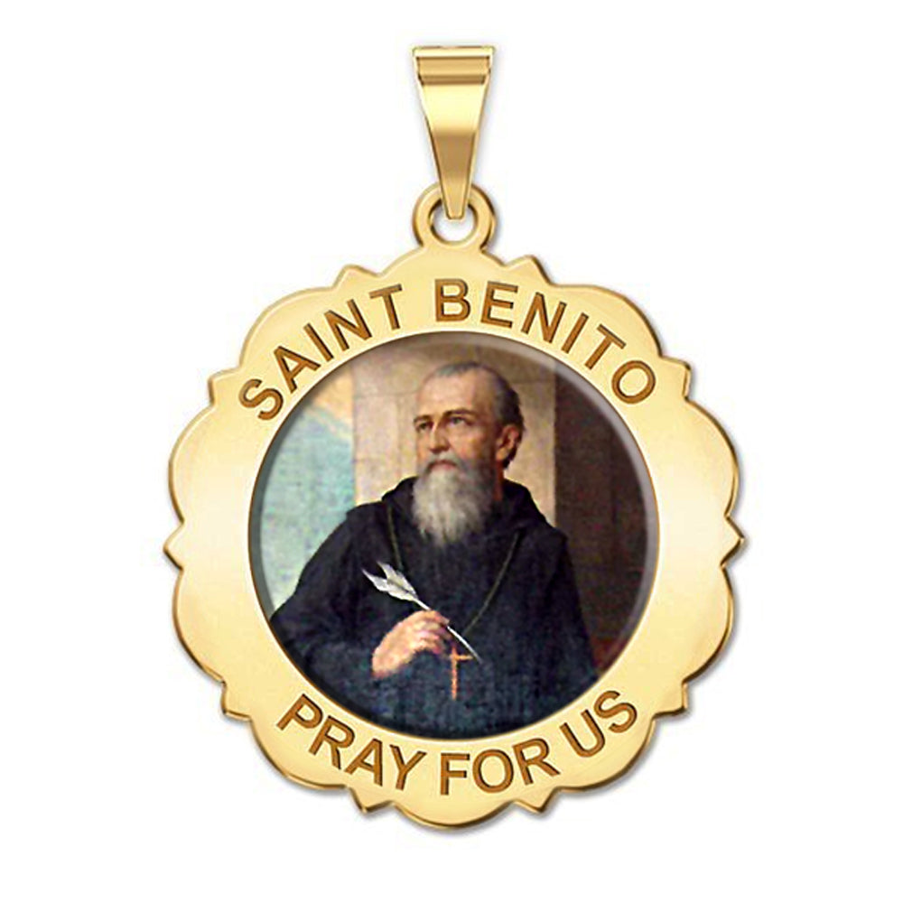 Saint Benito Scalloped Round Color Religious Medal