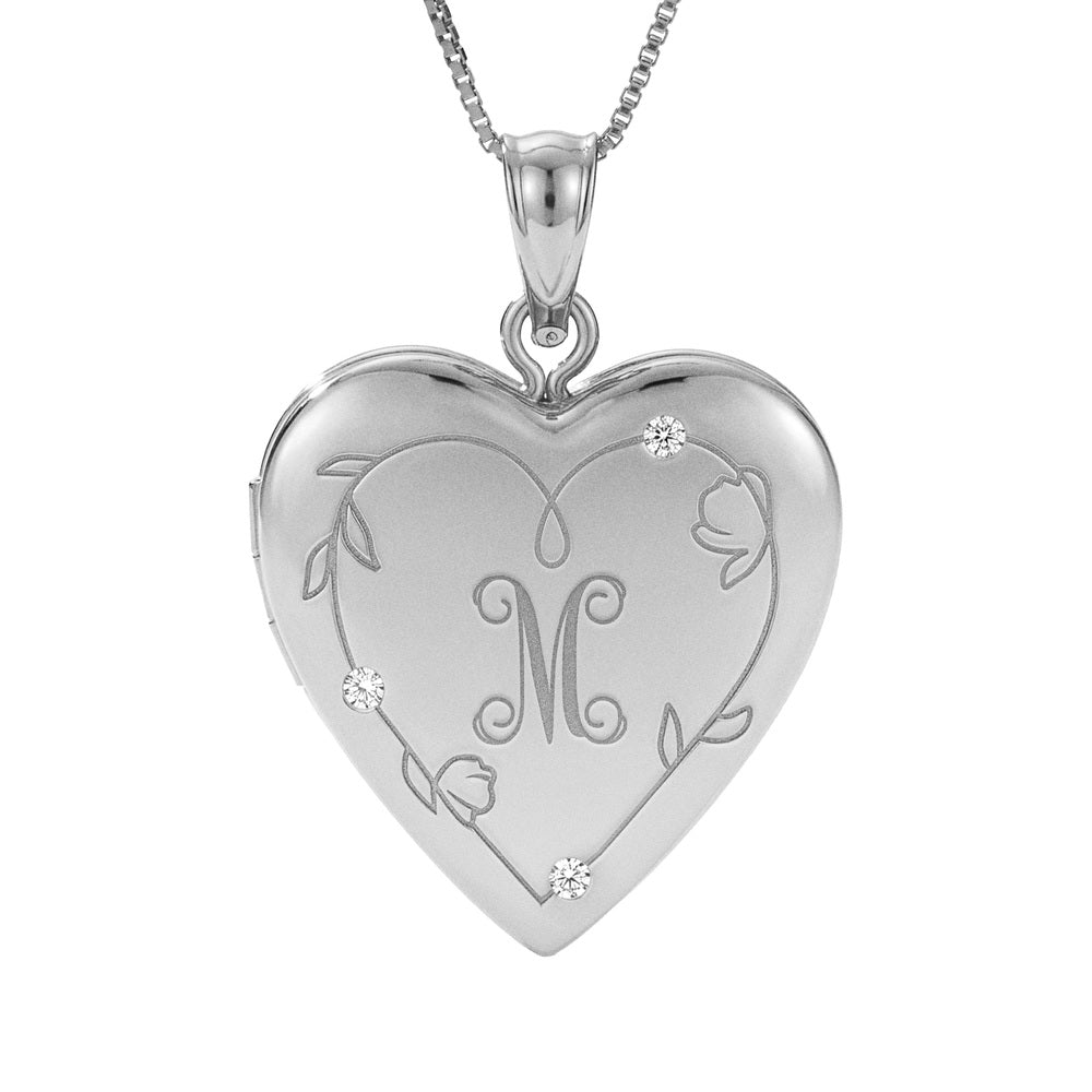 Floral Engraved Heart Locket With Diamond Accents And Initial