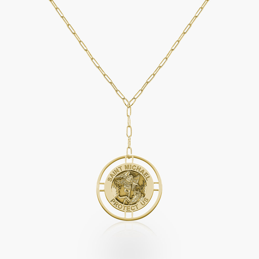 Round Saint Michael Medal with Open Border Necklace With Paper Clip Chain