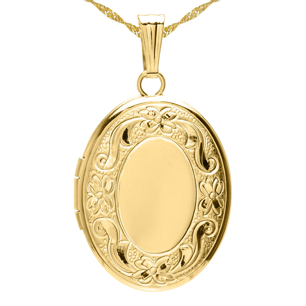 Solid 14K Yellow Gold Petite Oval Photo Locket With Floral Border