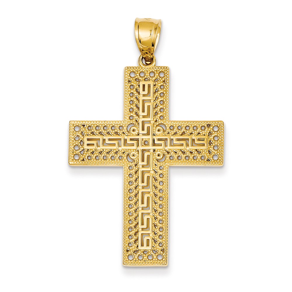 14K Greek Key Filigree Cross Pendant