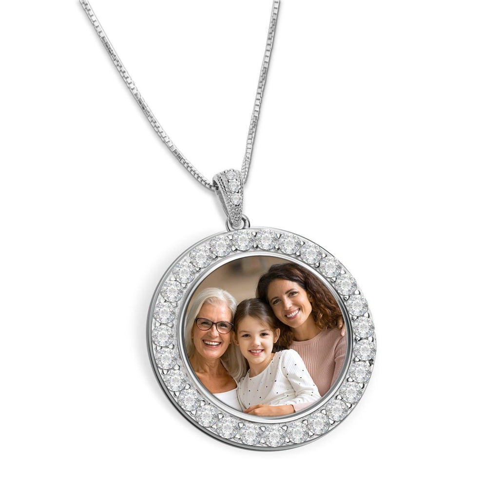 Silver and CZ Premium Round Photo Pendant