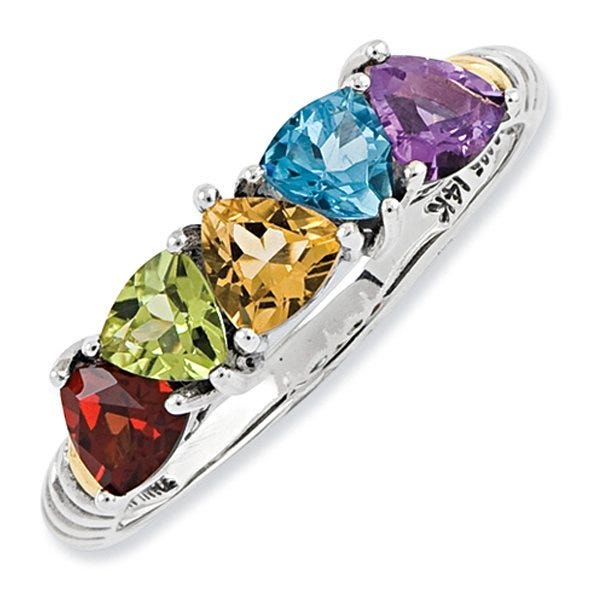 Sterling Silver & 14K Gold Antiqued Mother's Ring with Five Trillion Bir