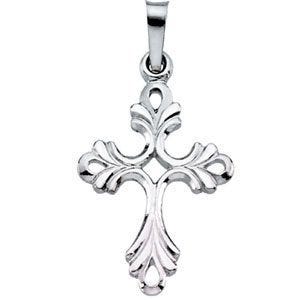 14K White Gold Scrollwork Cross Pendant With Design