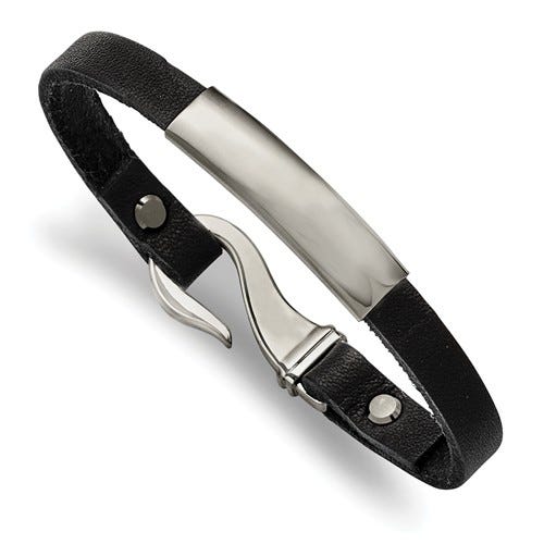 Custom Engraved Stainless Steel Men's Black Leather ID Bracelet