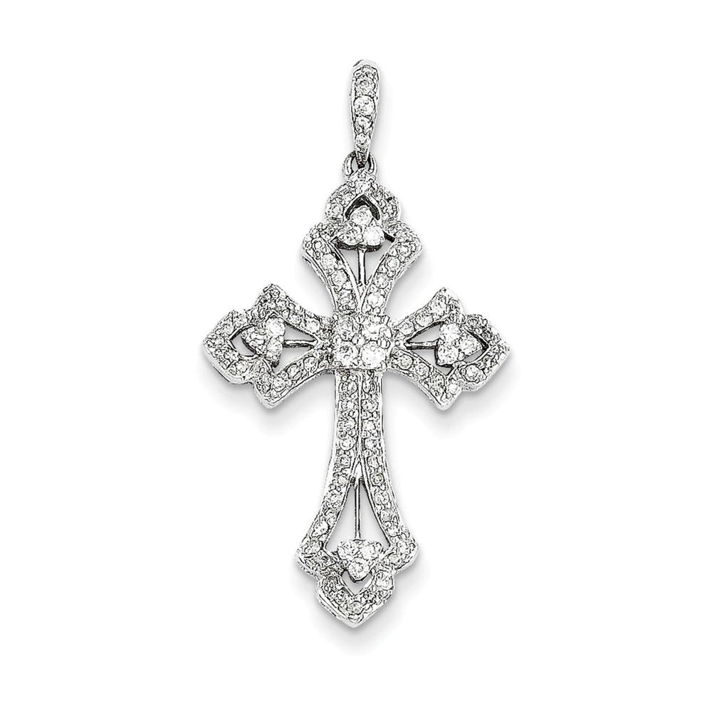 14K White Gold Diamond Budded-Tip Cross Pendant
