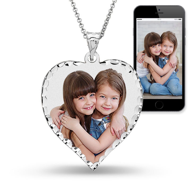 Heart Photo Pendant with Diamond Cut Edge with 18 Inch Chain