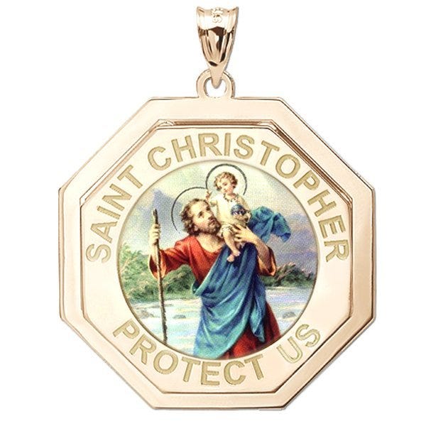 Saint Christopher Three Dimensional Premium Weight Octagon Religious Medal - "Color"