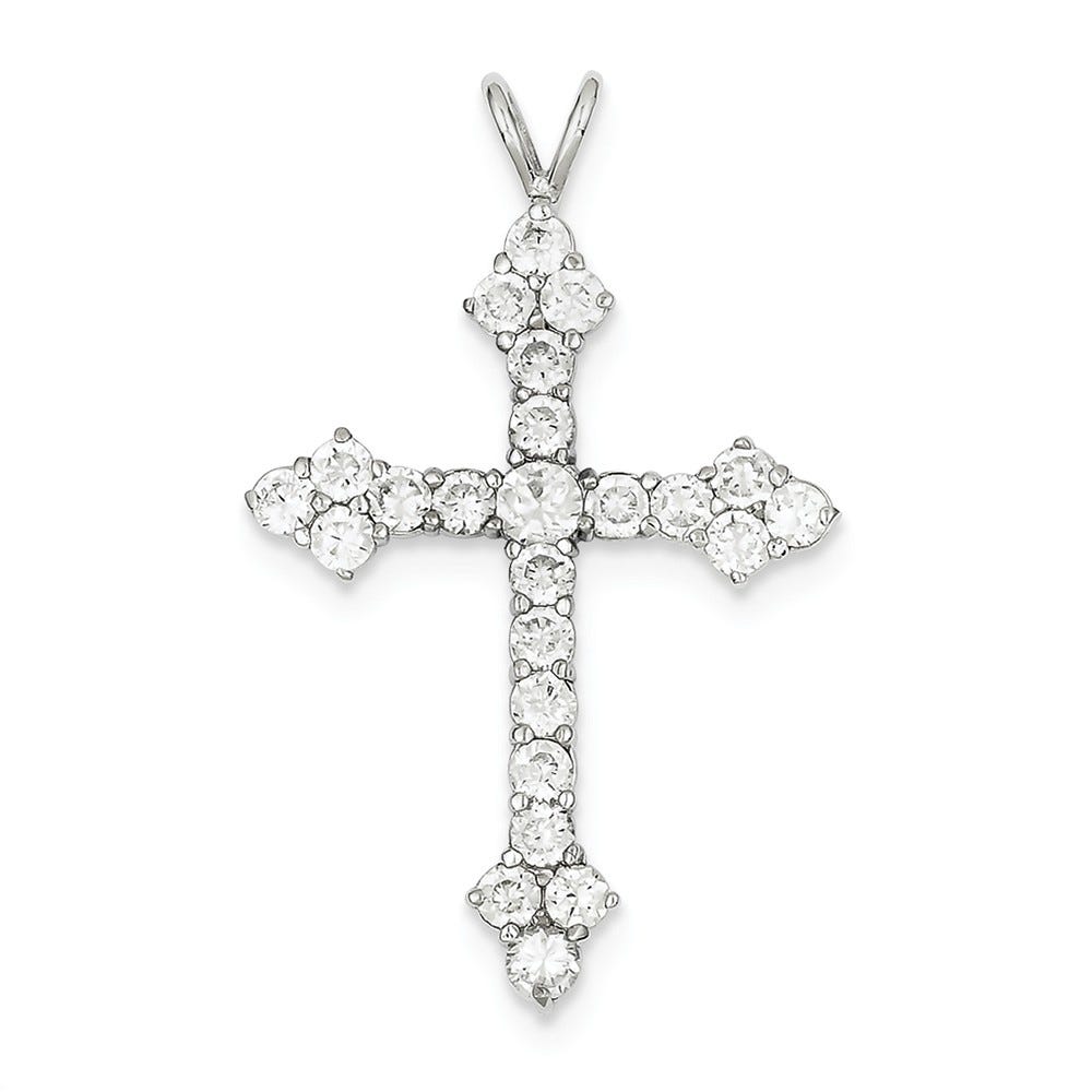 Rhodium-Plated Cz Floral-Cluster Cross Pendant