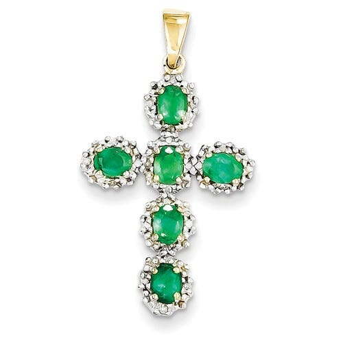 14K Diamond And Emerald Cross Pendant