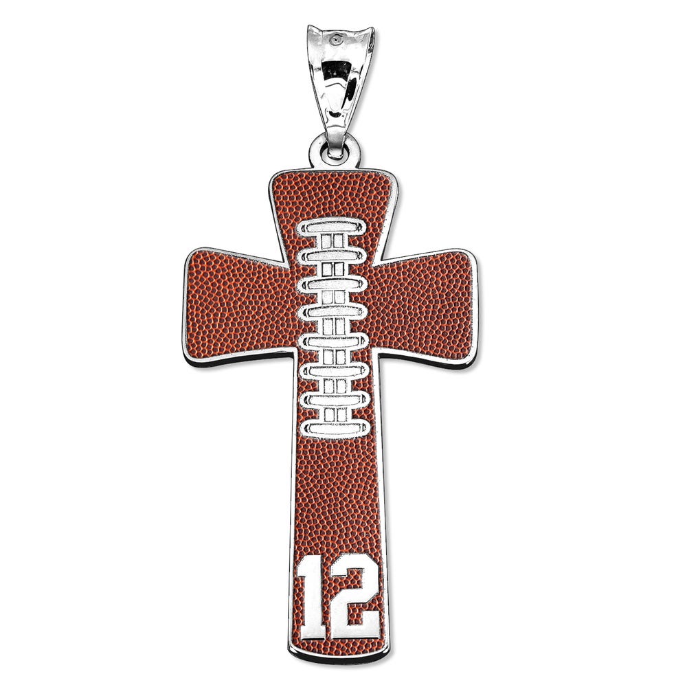 Football Stitch Enameled Cross Pendant w/ Number