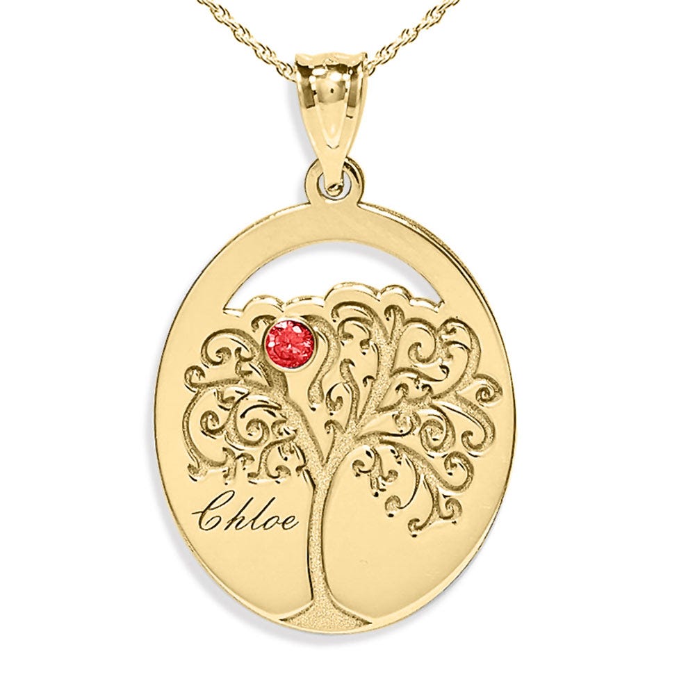 Personalized Family Tree Pendant with Name and Birthstone with 18 Inch Chain
