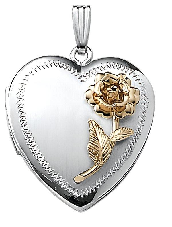 14K White Gold Two Tone Rose Heart Photo Locket