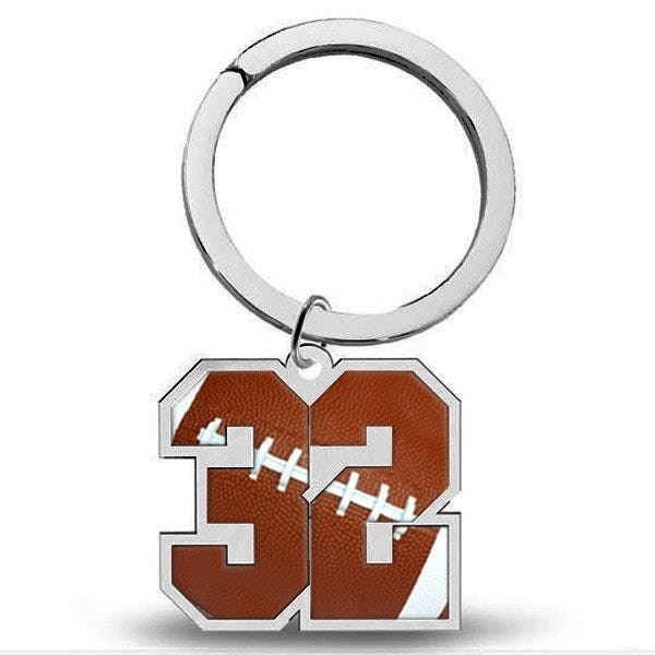 Sterling Silver Football Number & Stainless Steel Key Ring with 1 or 2 Digits
