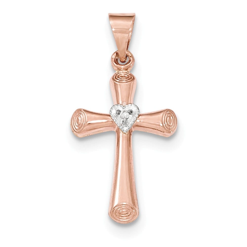14K Two Tone Diamond Heart Cross Pendant