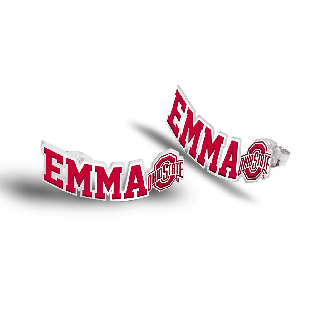 Personalized Pair of Color Enamel Ohio State Logo with Horizontal Name Earrings