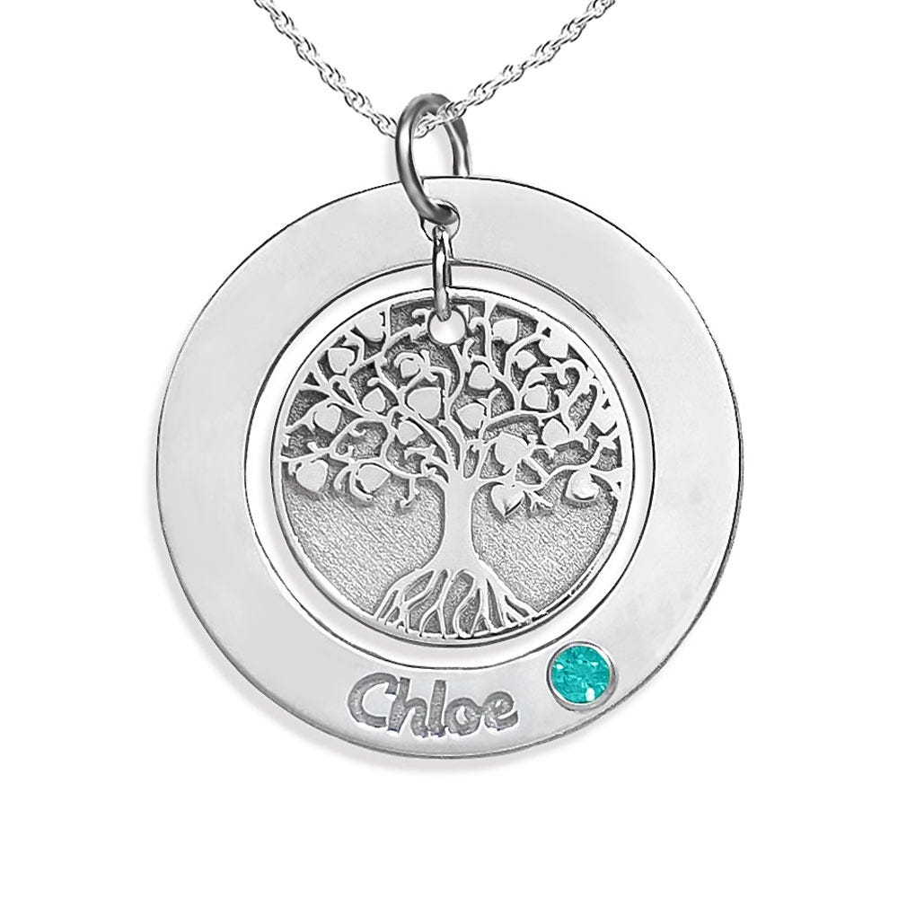 Personalized Round Family Tree Pendant with Birthstone & Name- Includes 18 Inch Chain