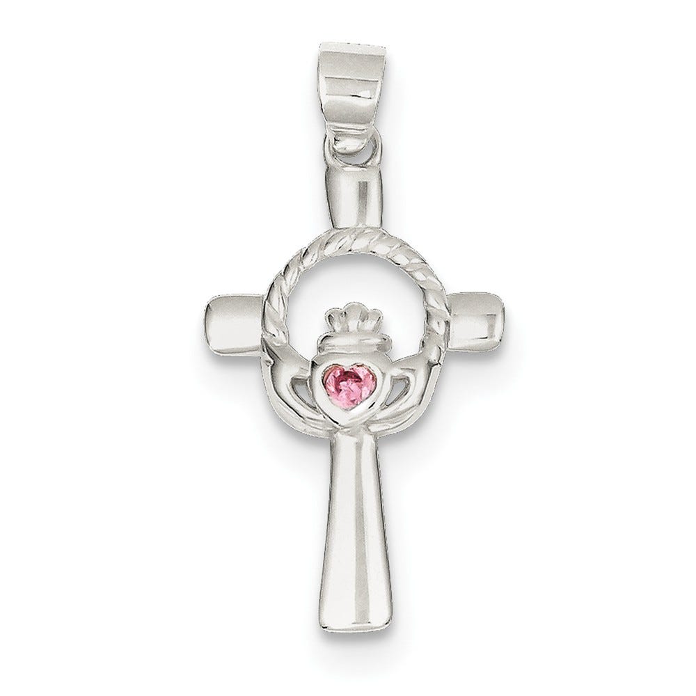 Sterling Silver Pink Cz Claddagh Cross Pendant