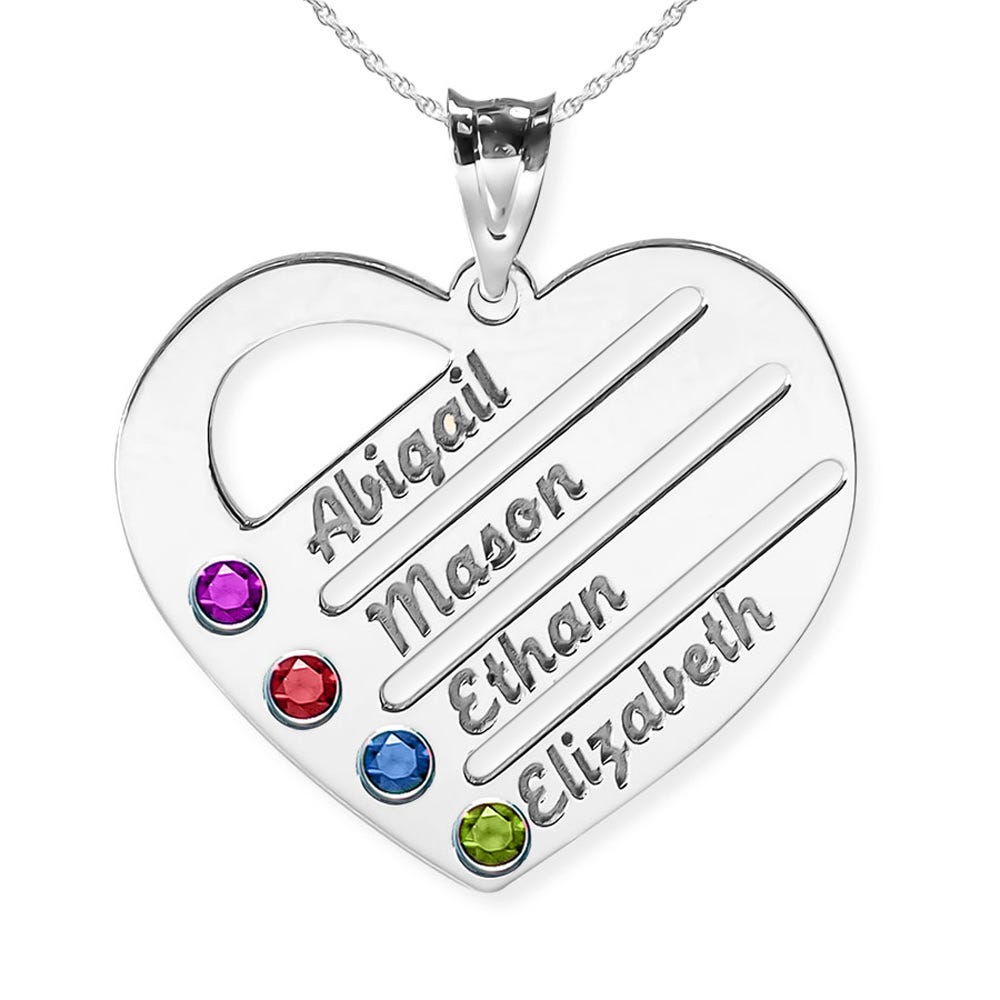 Personalized Heart Family Pendant with 4 Birthstones & Names