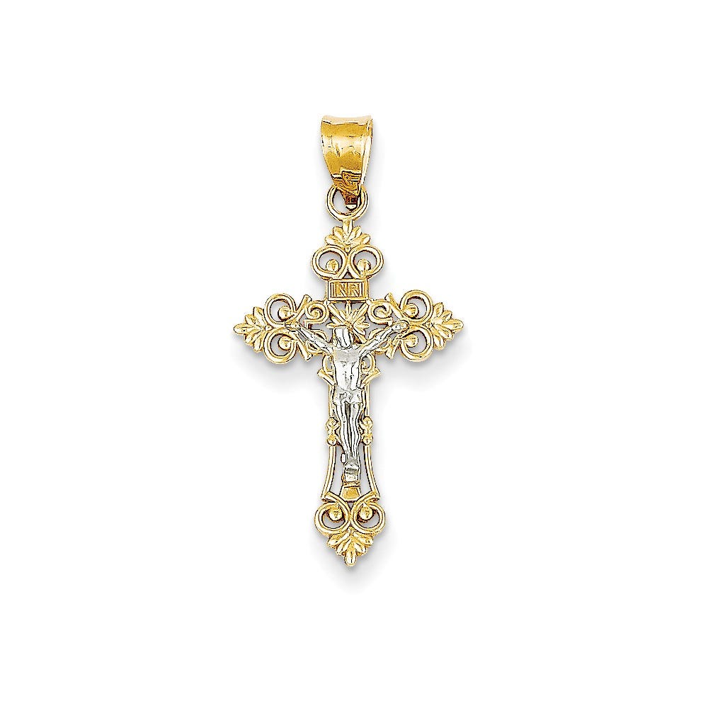 14K Two-Tone Lacey-Edged Inri Crucifix Pendant