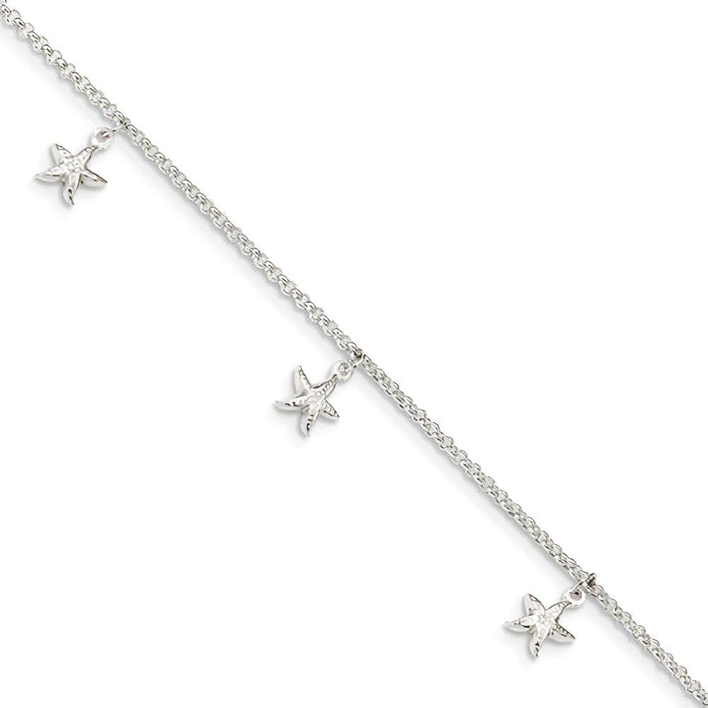 Sterling Silver Polished Starfish Charms with 1In Ext. Anklet