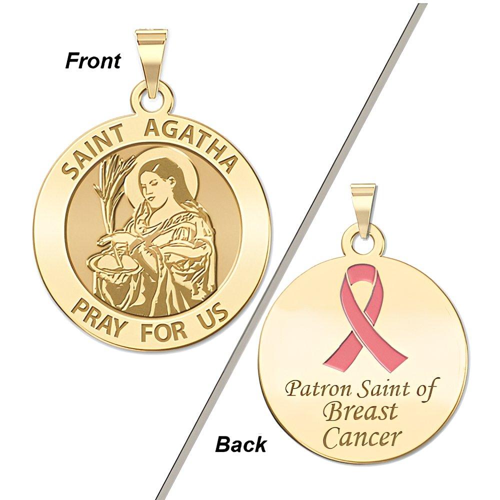 Saint Agatha Double Sided Patron Saint Of Breast Cancer Round Religious Medal With Pink Ribbon