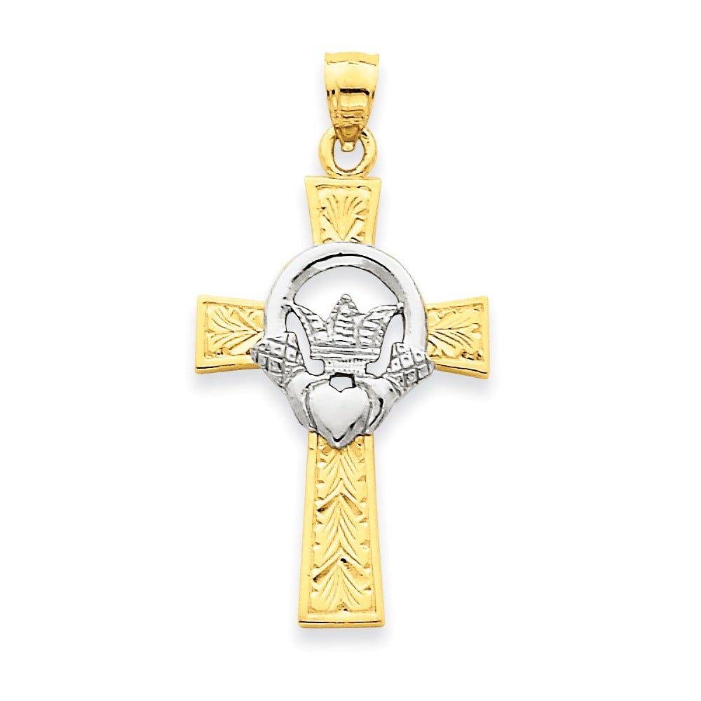 14K Two-Tone Claddagh Cross Pendant