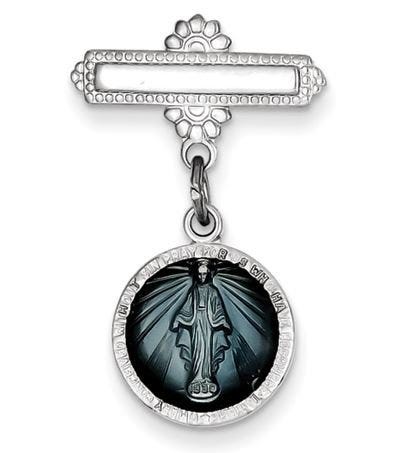 Miraculous Medal Baptismal Brooch With Aqua Enamel
