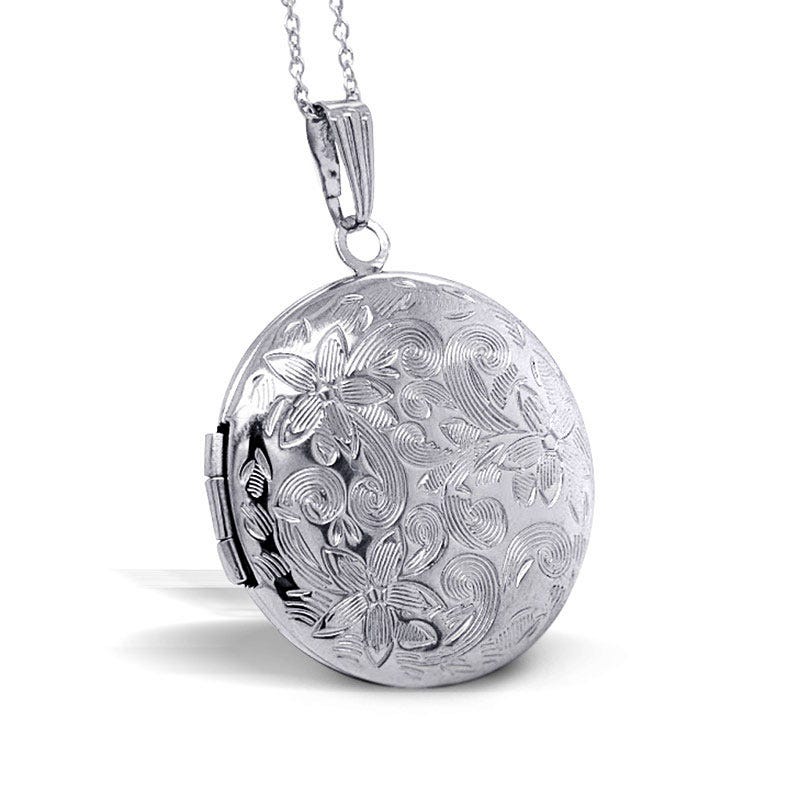 Round Floral Photo Locket With 18" Chain