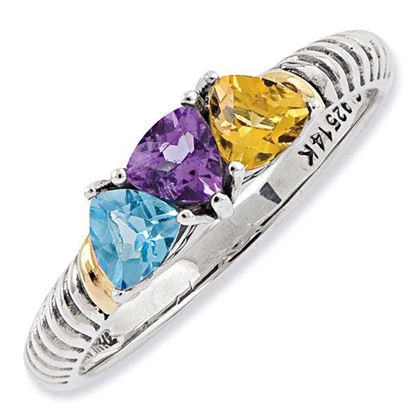 Sterling Silver & 14K Gold Antiqued Mother's Ring with Three Trillion Birthstones